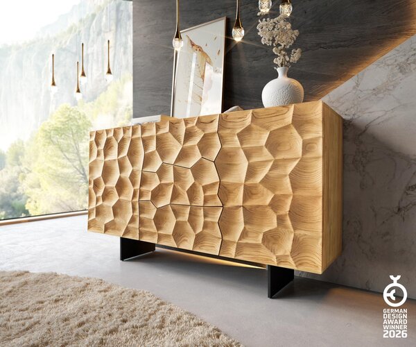 DELIFE Komód Solu 145 cm tölgy természetes 2 ajtós 3 fiókos lebegő fém láb fekete 3D előlap