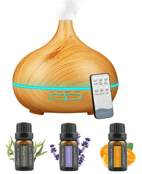 Fa mintázatú, világosbarna aroma diffúzor és 3 részes illóolaj szett
