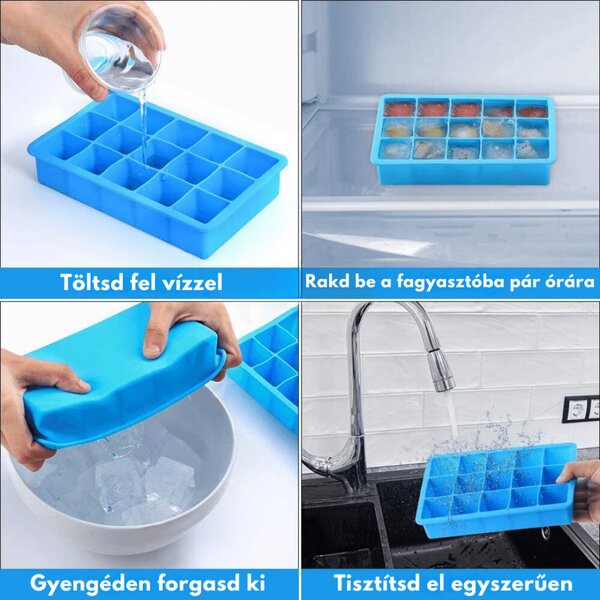 3 darabos szilikon jégkockakészítő-és tartó szett - 5x3 kocka