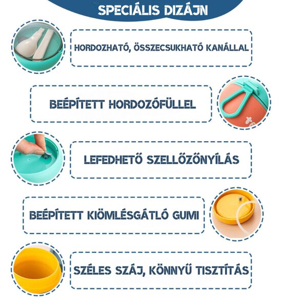 Tedemei kiömlésgátló ételhordó, összecsukható kanállal 530 ml - Pink/zöld