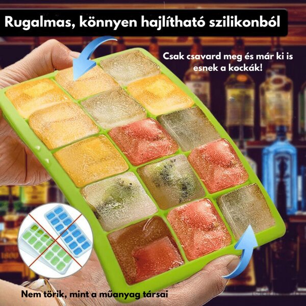 3 darabos szilikon jégkockakészítő-és tartó szett - 5x3 kocka