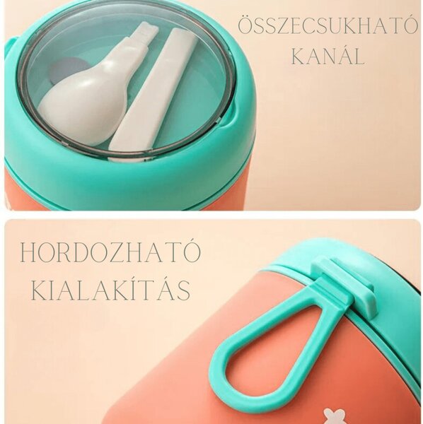 Tedemei kiömlésgátló ételhordó, összecsukható kanállal 530 ml - Pink/zöld
