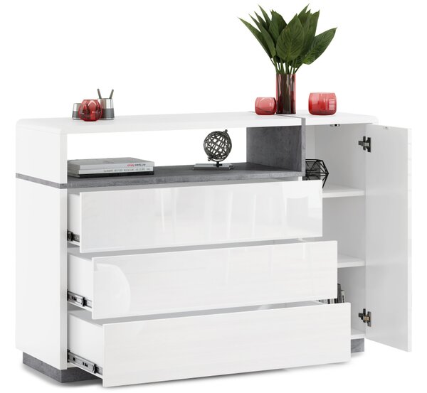 Mazzoni FOLK K-135 komód Fehér Fényes/Matt + Millenium Beton - MODERN NAPPALIBA/SZOBÁBA