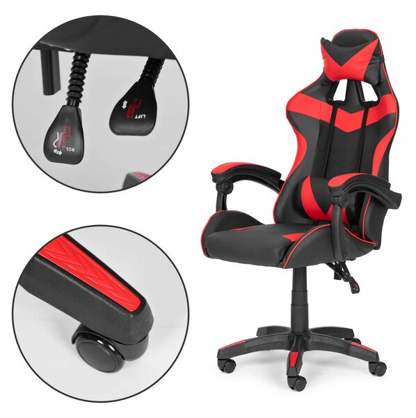 ModernHome Gamer szék dönthető háttámlával, nyak- és derékpárnával - piros-fekete