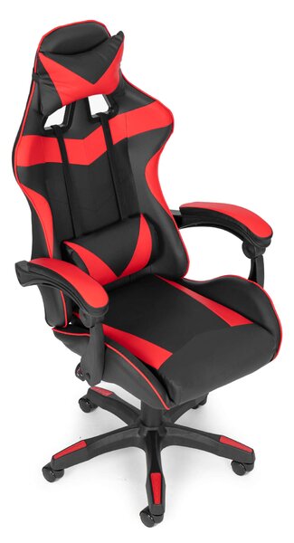 ModernHome Gamer szék dönthető háttámlával, nyak- és derékpárnával - piros-fekete