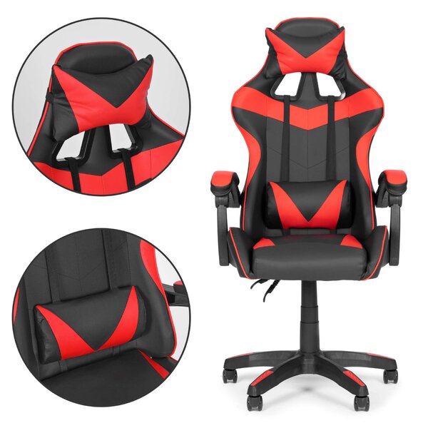 ModernHome Gamer szék dönthető háttámlával, nyak- és derékpárnával - piros-fekete