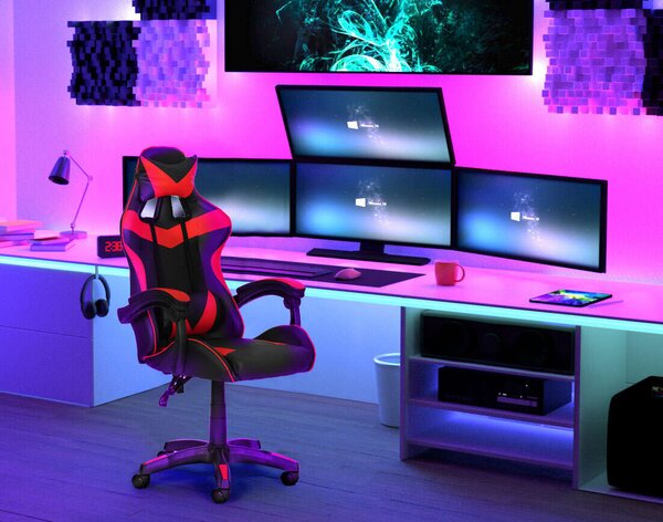 ModernHome Gamer szék dönthető háttámlával, nyak- és derékpárnával - piros-fekete