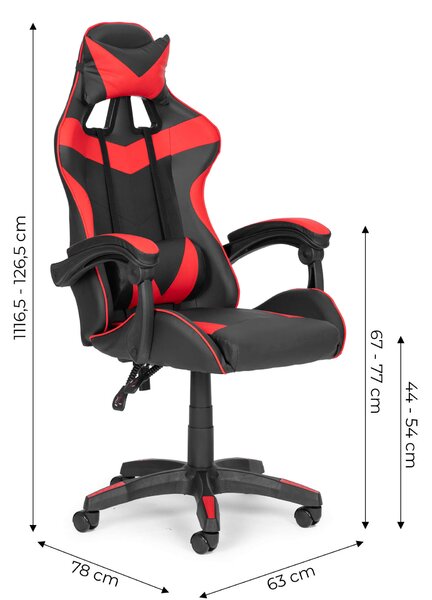 ModernHome Gamer szék dönthető háttámlával, nyak- és derékpárnával - piros-fekete