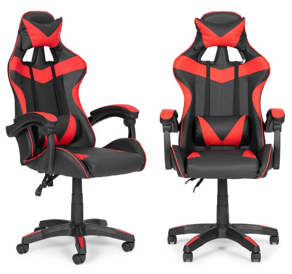 ModernHome Gamer szék dönthető háttámlával, nyak- és derékpárnával - piros-fekete
