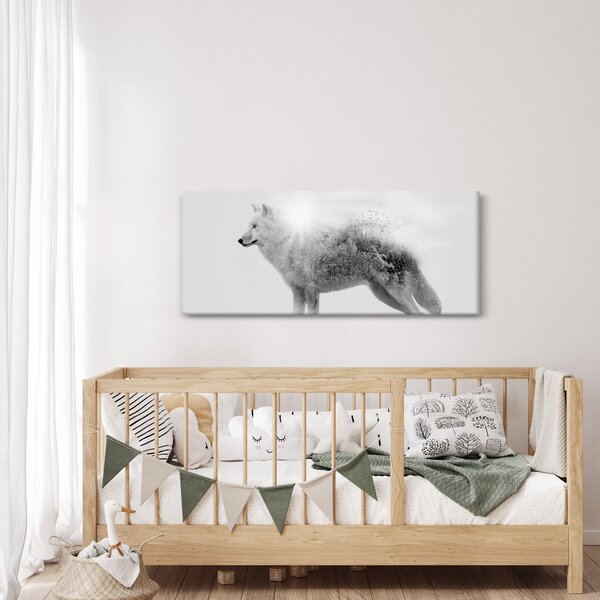 Kép - Vad tájat tükröző sarkvidéki farkas, fekete-fehér (120x50 cm)