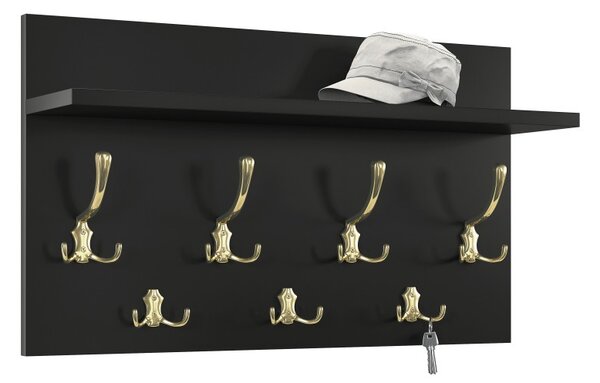 Mazzoni FINLO Fekete Matt/Fényes Aranyszínű akasztók - MODERN FALI FOGAS POLCCAL ELŐSZOBÁBA 90 és 70 cm