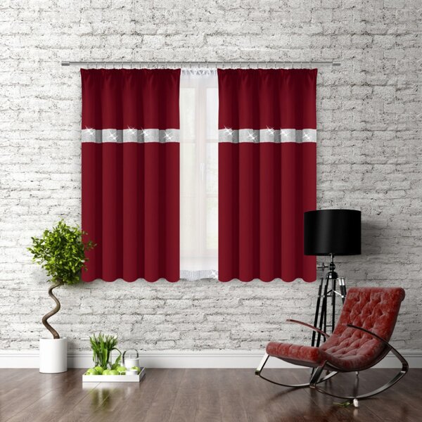 Függöny szalaggal és cirkonokkal 140x160 cm bordeaux