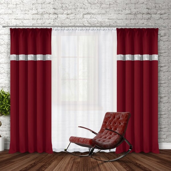 Függöny szalaggal és cirkonokkal 140x250 cm bordeaux