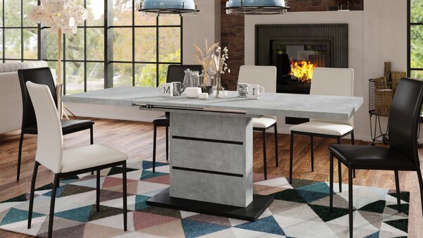 Mazzoni PIANO Beton Világos Atelier/Fekete Matt - 200 cm-es MODERN NYITHATÓ ASZTAL!