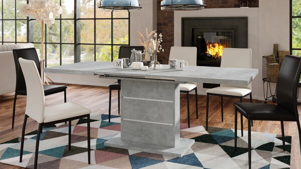 Mazzoni PIANO Beton Világos Atelier/Fehér díszítő elemekkel - 200 cm-es MODERN NYITHATÓ ASZTAL!