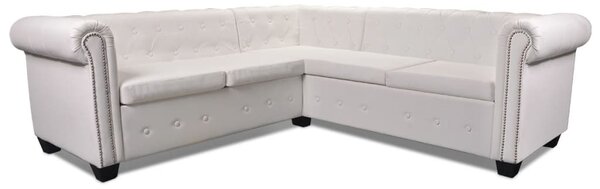 5 személyes fehér műbőr Chesterfield sarokkanapé