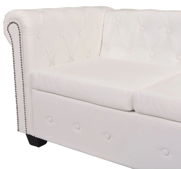 5 személyes fehér műbőr Chesterfield sarokkanapé
