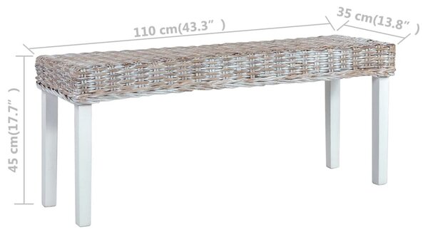 Fehér természetes kubu rattan és tömör mahagóni fa pad 110 cm