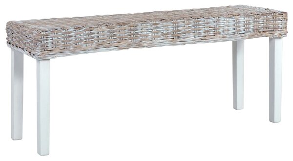 Fehér természetes kubu rattan és tömör mahagóni fa pad 110 cm