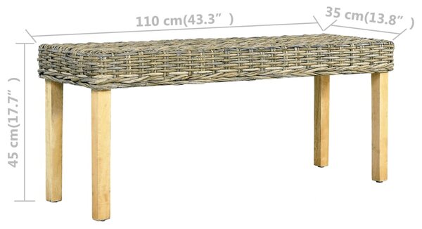 Természetes kubu rattan és tömör mahagóni fa pad 110 cm