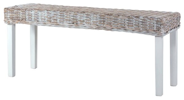 Fehér természetes kubu rattan és tömör mahagóni fa pad 110 cm