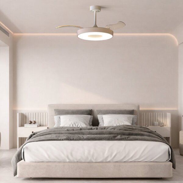 Smart LED mennyezeti ventilátor Coin bézs/fehér, DC, csendes – Mantra Mantra Iluminación, Coin, dimmable, Bézs, Nappali, Fém, Modern