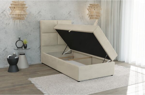 Bézs kárpitozott ágyneműtartós egyszemélyes ágy ágyráccsal 90x200 cm Lena – Ropez