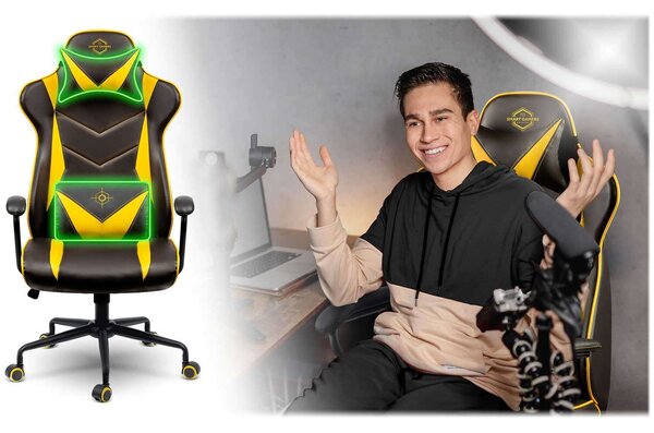 Sofotel Blitzcrank Gamerszék, állítható ülésmagasság, két párnával, 123x64,5cm, 120kg - Fekete, Sárga