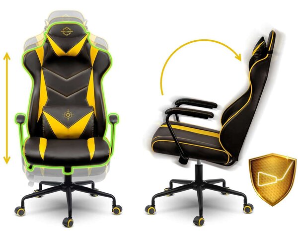 Sofotel Blitzcrank Gamerszék, állítható ülésmagasság, két párnával, 123x64,5cm, 120kg - Fekete, Sárga