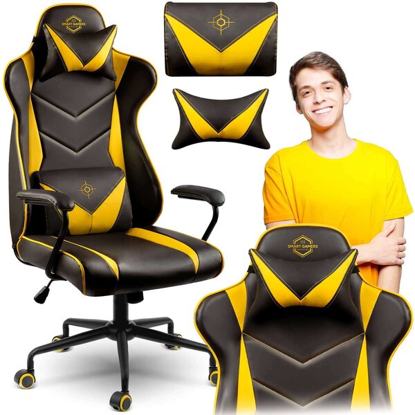 Sofotel Blitzcrank Gamerszék, állítható ülésmagasság, két párnával, 123x64,5cm, 120kg - Fekete, Sárga