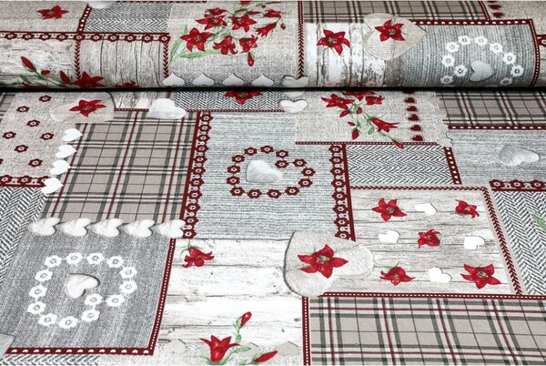 Anyag Pamut patchwork virágokkal és szívekkel, m. 140 cm