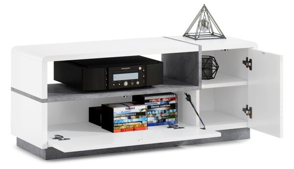 Mazzoni FOLK RTV-120 TV-állvány Fehér Fényes/Matt + Millenium Beton - MODERN NAPPALIBA/SZOBÁBA
