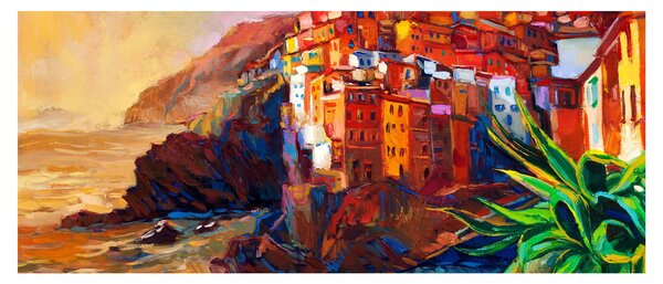 Kép - Falu Cinque Terre partján, az olasz riviérán, modern impresszionizmus (120x50 cm)