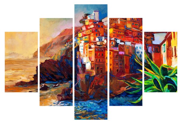 Kép - Falu Cinque Terre partján, az olasz riviérán, modern impresszionizmus (150x105 cm)