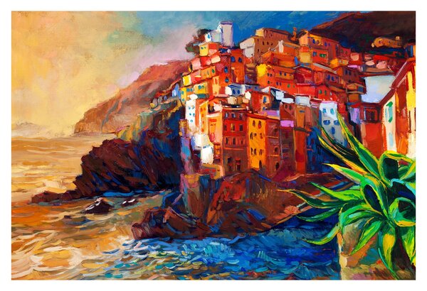 Kép - Falu Cinque Terre partján, az olasz riviérán, modern impresszionizmus (90x60 cm)