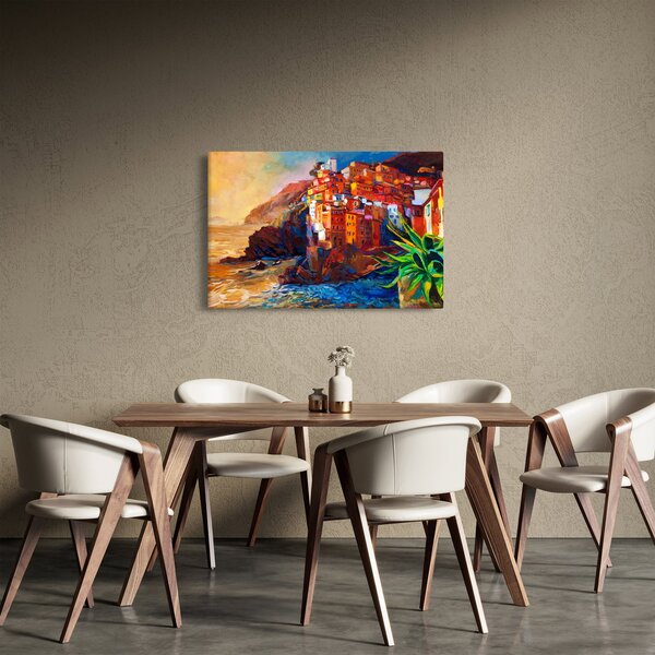 Kép - Falu Cinque Terre partján, az olasz riviérán, modern impresszionizmus (90x60 cm)