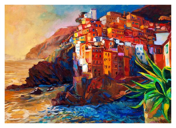 Kép - Falu Cinque Terre partján, az olasz riviérán, modern impresszionizmus (70x50 cm)