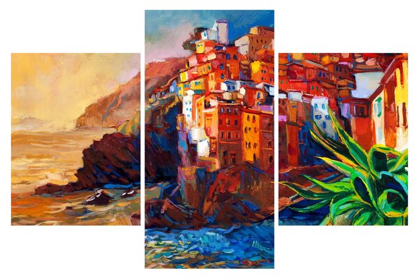 Kép - Falu Cinque Terre partján, az olasz riviérán, modern impresszionizmus (90x60 cm)