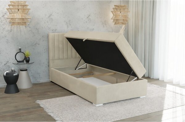 Bézs kárpitozott ágyneműtartós egyszemélyes ágy ágyráccsal 100x200 cm Bunny – Ropez