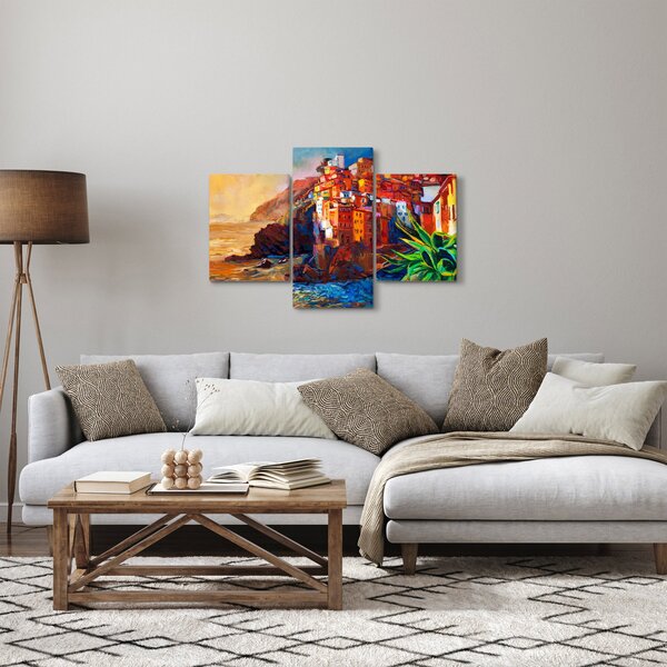Kép - Falu Cinque Terre partján, az olasz riviérán, modern impresszionizmus (90x60 cm)
