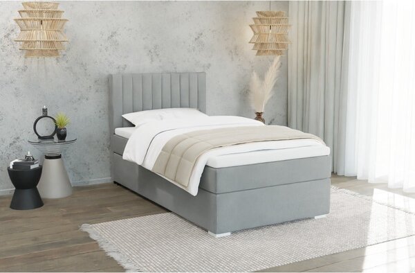 Világosszürke kárpitozott ágyneműtartós egyszemélyes ágy ágyráccsal 100x200 cm Bunny – Ropez