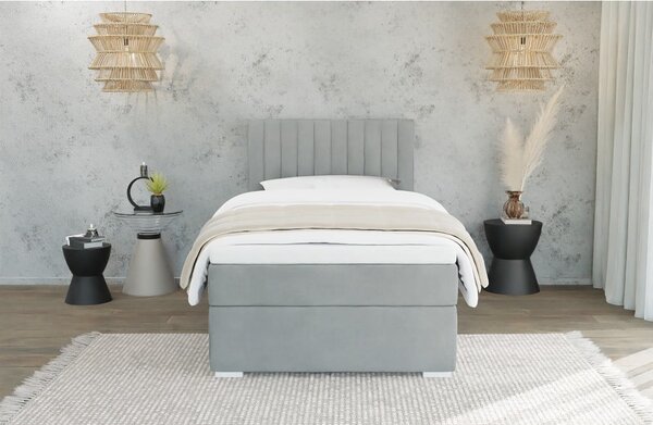 Világosszürke kárpitozott ágyneműtartós egyszemélyes ágy ágyráccsal 100x200 cm Bunny – Ropez
