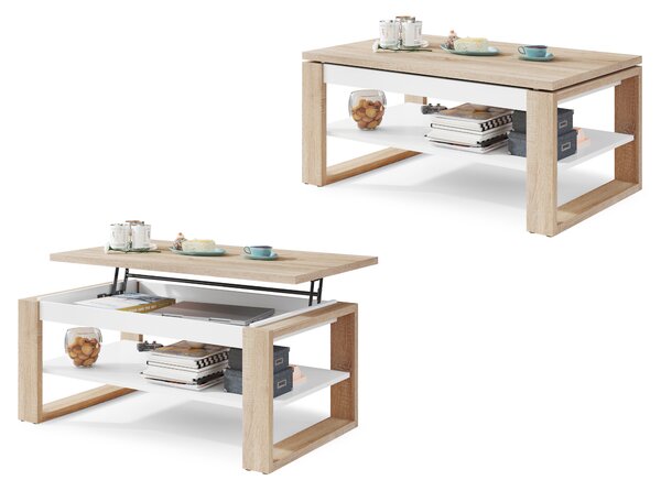 Mazzoni NUO Sonoma Tölgy/Fehér Matt - MODERN DOHÁNYZÓASZTAL MEGEMELHETŐ ASZTALLAPPAL