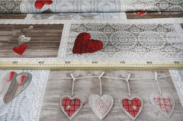 Pamut szövet Shabby love piros szívek, h. 145 cm