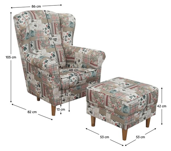 Füles fotel puffal, szövet patchwork Viorica 1, ASTRID
