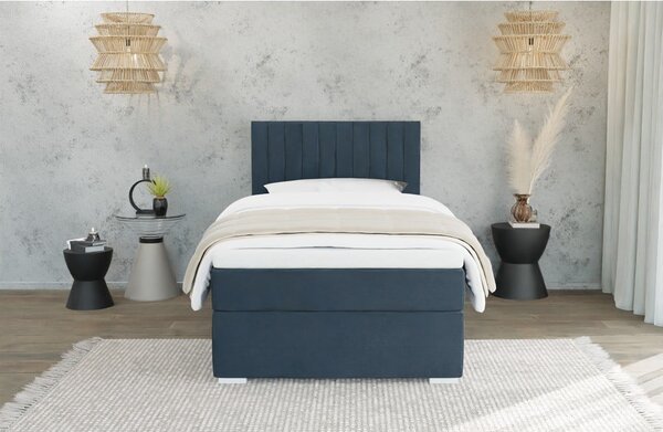 Sötétkék kárpitozott ágyneműtartós egyszemélyes ágy ágyráccsal 90x200 cm Bunny – Ropez