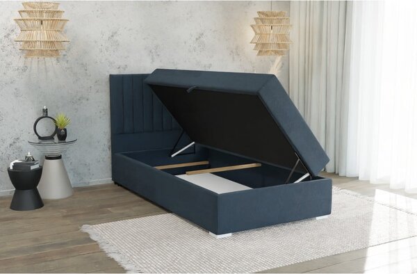 Sötétkék kárpitozott ágyneműtartós egyszemélyes ágy ágyráccsal 90x200 cm Bunny – Ropez