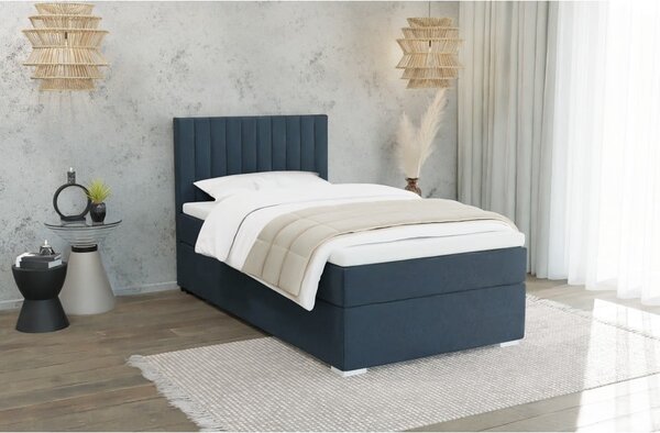 Sötétkék kárpitozott ágyneműtartós egyszemélyes ágy ágyráccsal 90x200 cm Bunny – Ropez