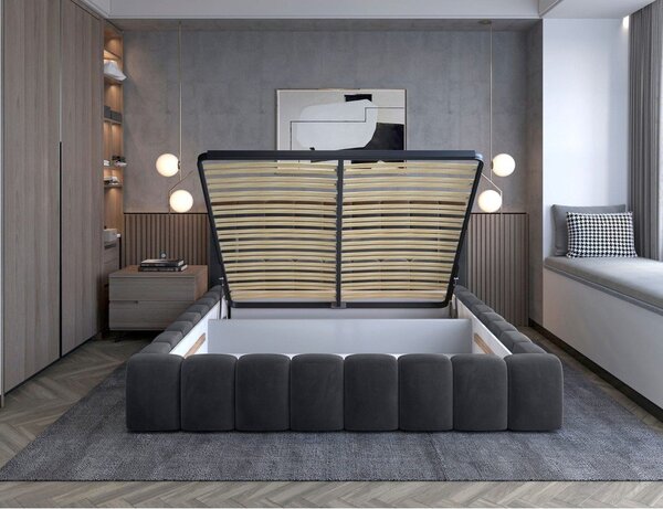 Szürke kárpitozott ágyneműtartós franciaágy ágyráccsal 180x200 cm Lamica – ELTAP