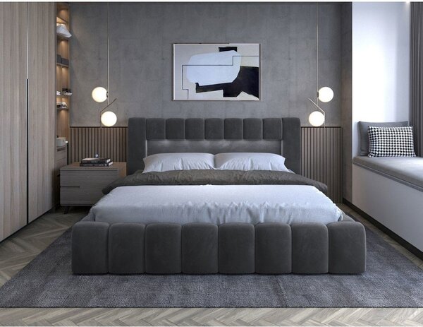 Szürke kárpitozott ágyneműtartós franciaágy ágyráccsal 180x200 cm Lamica – ELTAP